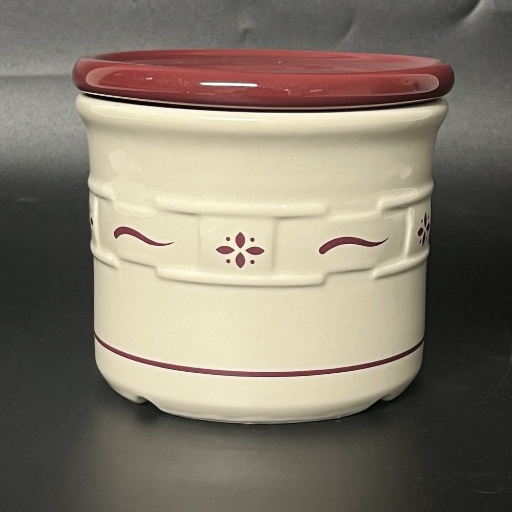 Longaberger Pottery Red Woven Traditions pint Crock, Lid, Coaster & New Candle